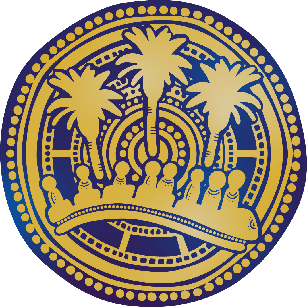 A gold and blue circular emblem features three palm trees and a crown, framed by decorative dotted patterns.
