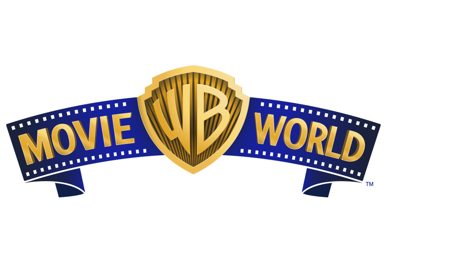 Warner Bros. Movie World logo featuring a blue and yellow shield with "WB" and a filmstrip with the text "MOVIE WORLD".