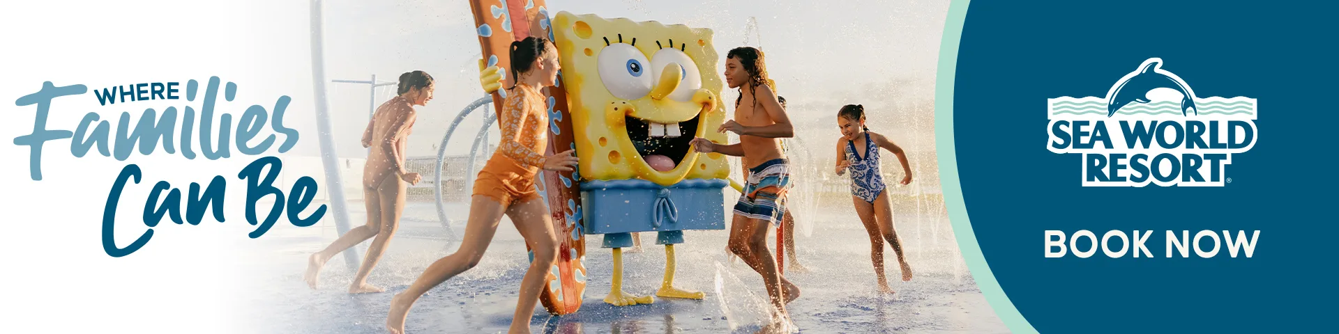 Children play in water around a large SpongeBob SquarePants figure at a splash park; Sea World Resort logo and "Book Now" text appear on the right.
