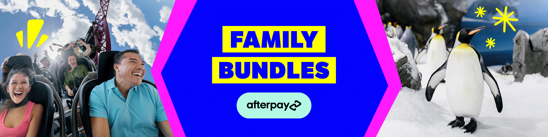 Banner showing excited people on a roller coaster, a group of penguins, and bold text in the center reading "FAMILY BUNDLES" with the Afterpay logo underneath.