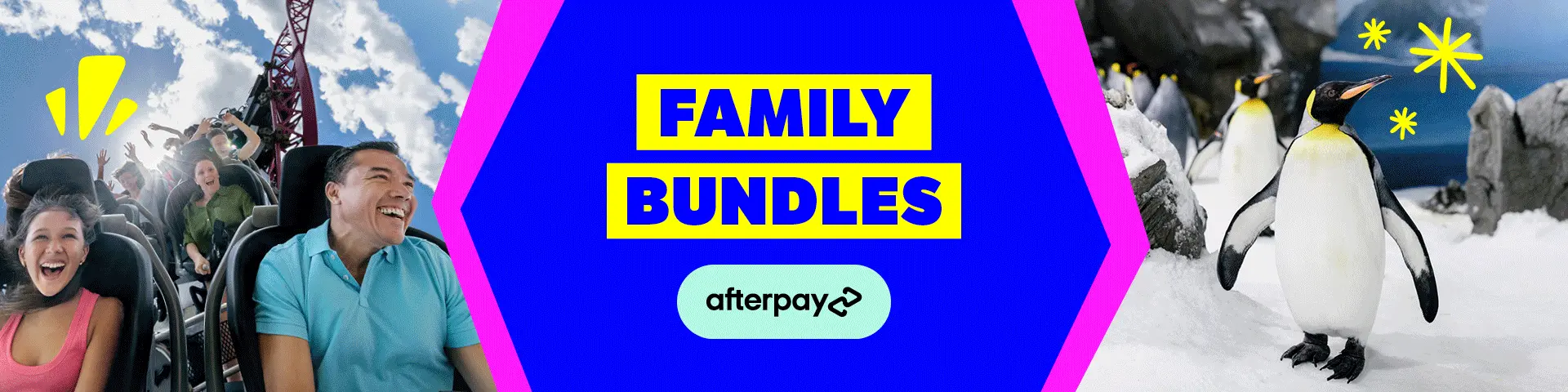 Banner showing excited people on a roller coaster, a group of penguins, and bold text in the center reading "FAMILY BUNDLES" with the Afterpay logo underneath.