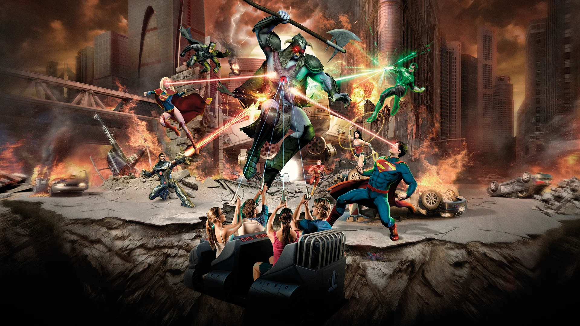 A family immersed in the action of the Justice League 3D family ride at Warner Bros. Movie World, experiencing interactive superhero adventures together