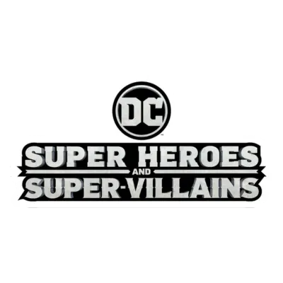 DC logo above the text "Super Heroes and Super-Villains" in bold silver letters. The background is transparent.