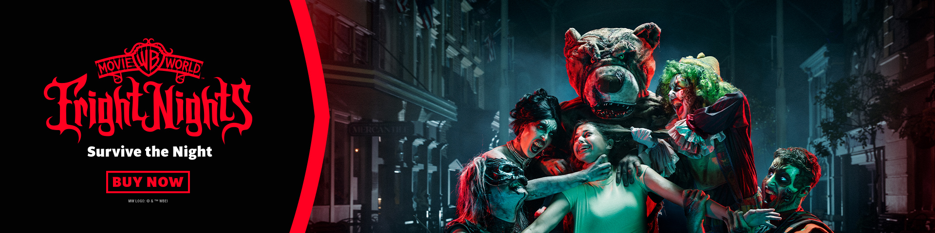 A woman screams as monsters surround her in a dark, eerie street. The left side displays the Warner Bros. Fright Nights logo with “Survive the Night” and a “Buy Now” button.