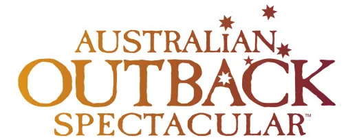 Logo for "Australian Outback Spectacular" with the text in a gradient from yellow to brown, featuring star shapes around the word "OUTBACK.