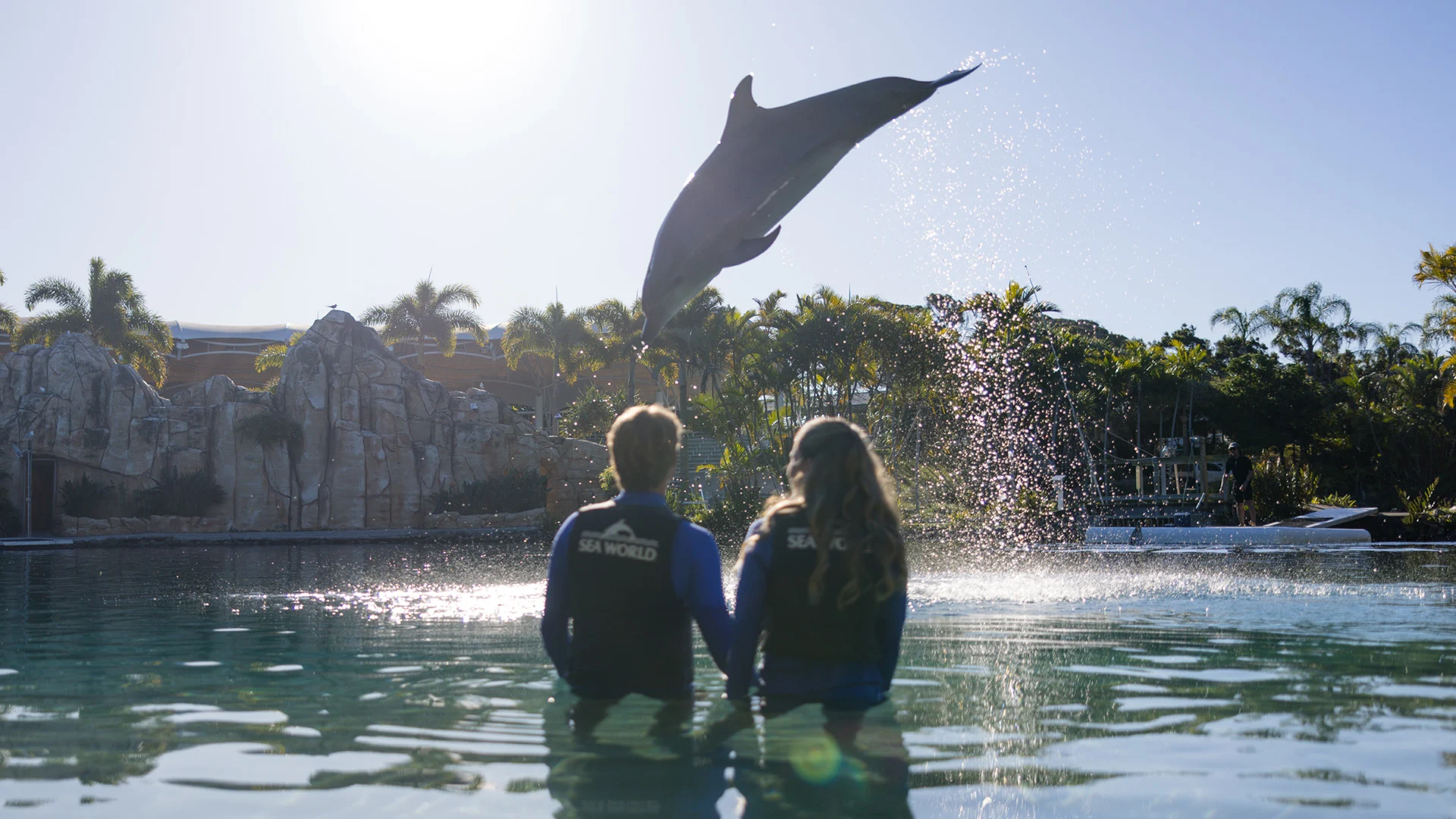 Two people in wetsuits sit in shallow water watching a dolphin leap high into the air at a marine park on a sunny day.