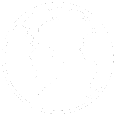 Black and white graphic of a globe showing parts of North America, South America, and Africa.