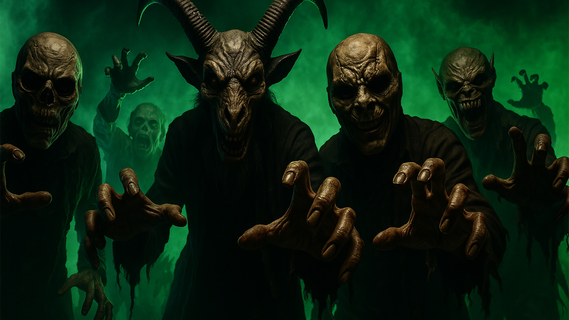 Five menacing figures in ragged robes with monstrous, demonic masks and clawed hands reach forward, surrounded by eerie green fog and backlighting, creating a haunting, horror-themed scene.