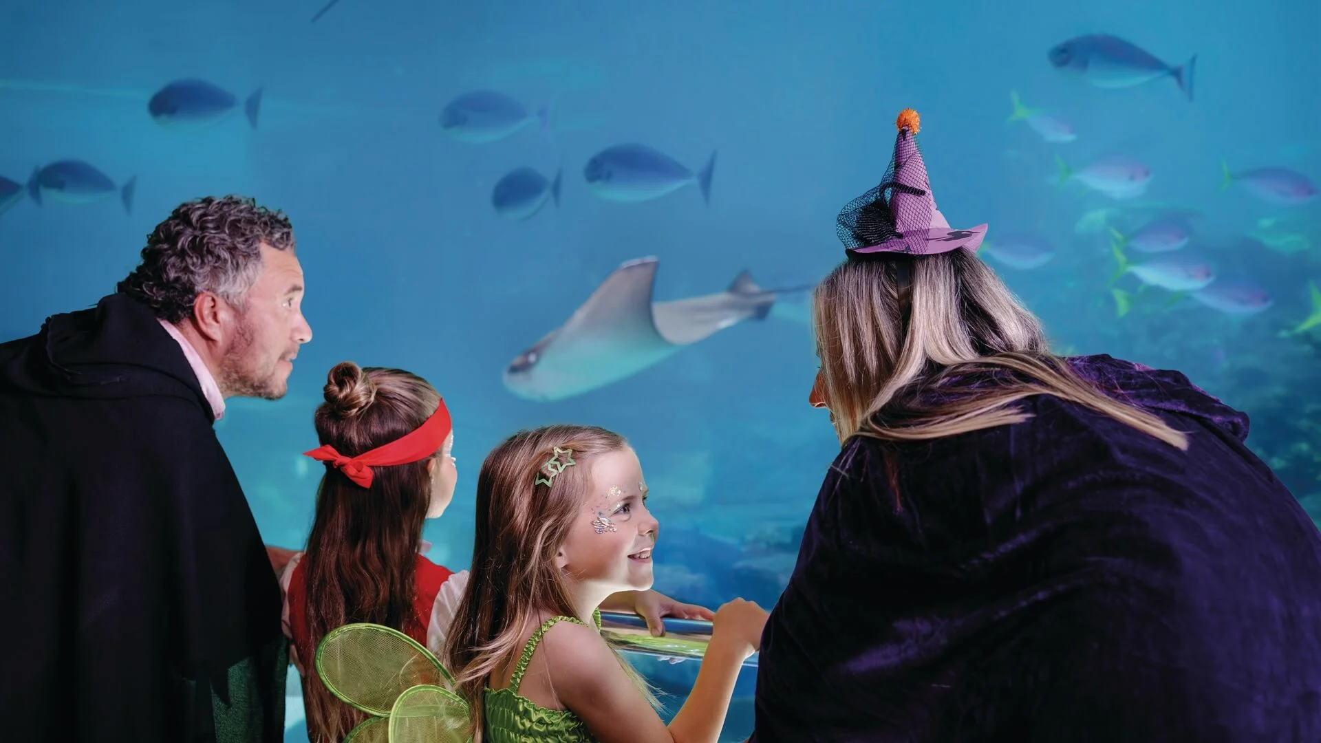 Two adults and two children in costumes, including a witch hat and fairy wings, look at fish and a stingray swimming in a large aquarium. The children appear happy and fascinated by the sea life.