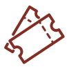A simple, maroon line drawing of two overlapping event tickets, each with a serrated edge and a dashed line in the center, on a transparent background.