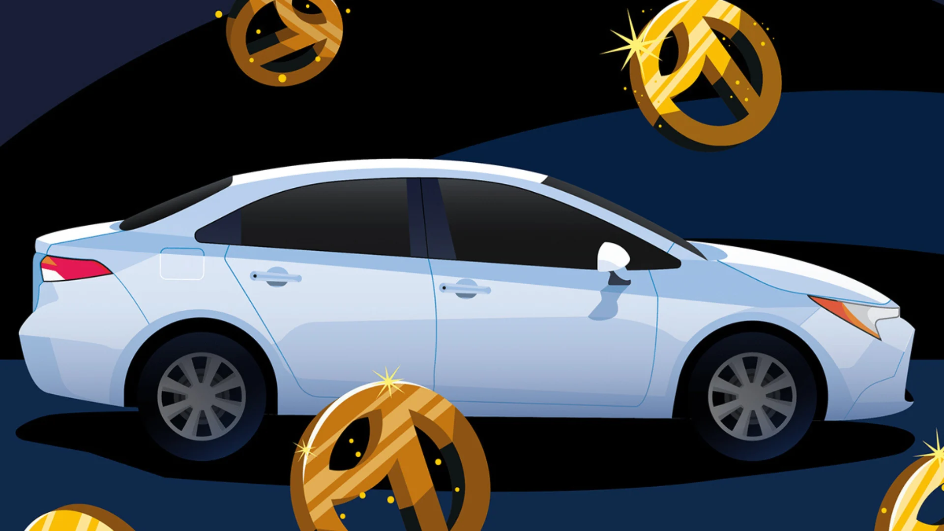 A light blue sedan car is illustrated on a dark blue background. Several shiny gold pretzels are floating around the car, creating a whimsical scene.