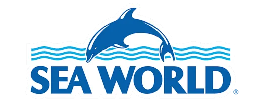 SeaWorld logo featuring a blue dolphin jumping over stylized blue waves above the words "SEA WORLD" in bold blue letters.