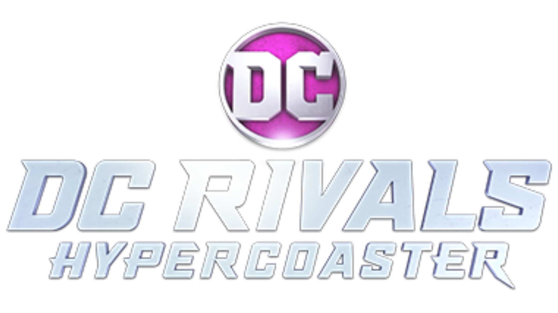Logo for "DC Rivals HyperCoaster" featuring a metallic DC emblem above bold, silver gradient text that reads "DC Rivals HyperCoaster.