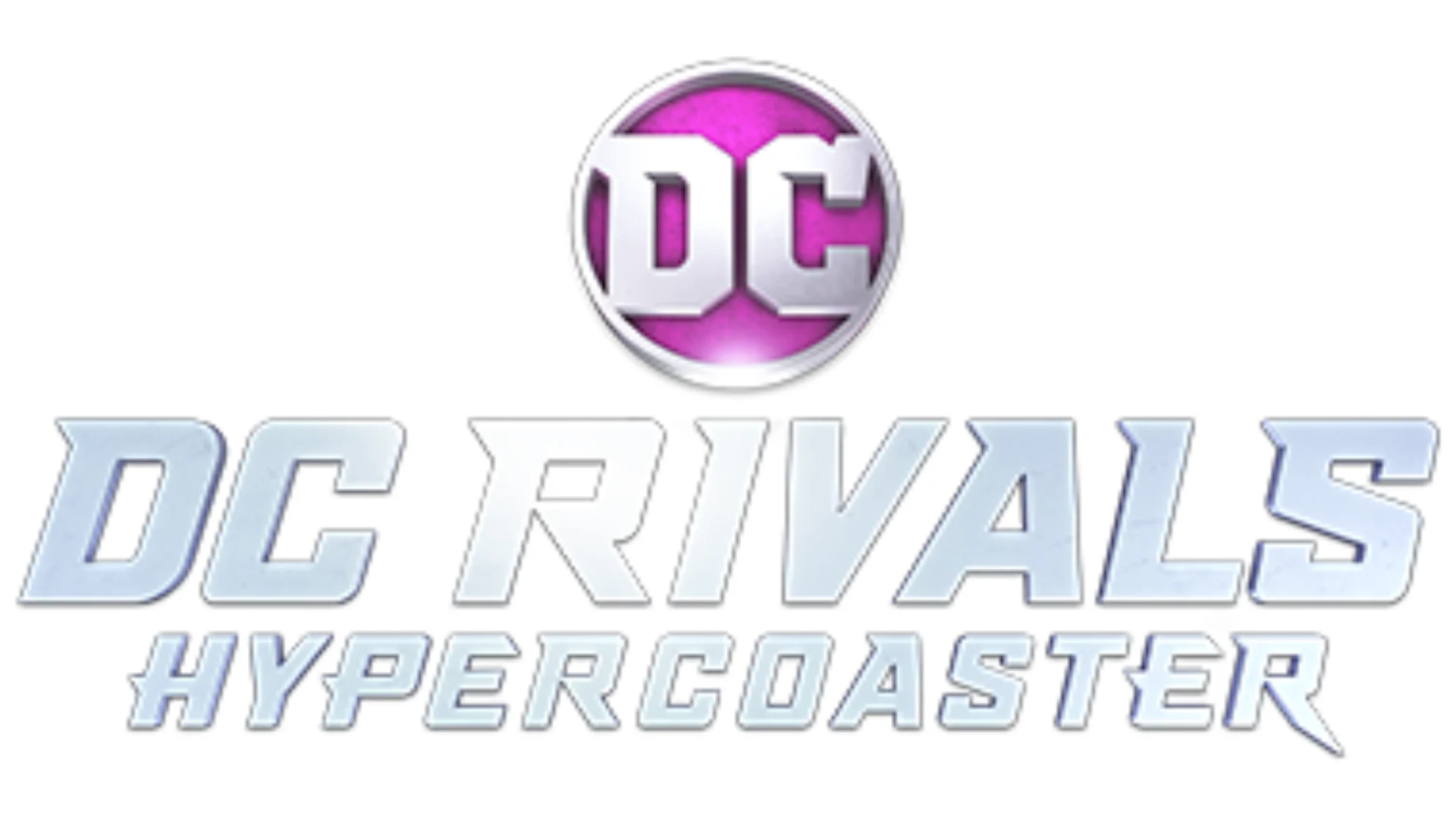 Logo for "DC Rivals HyperCoaster" featuring a metallic DC emblem above bold, silver gradient text that reads "DC Rivals HyperCoaster.
