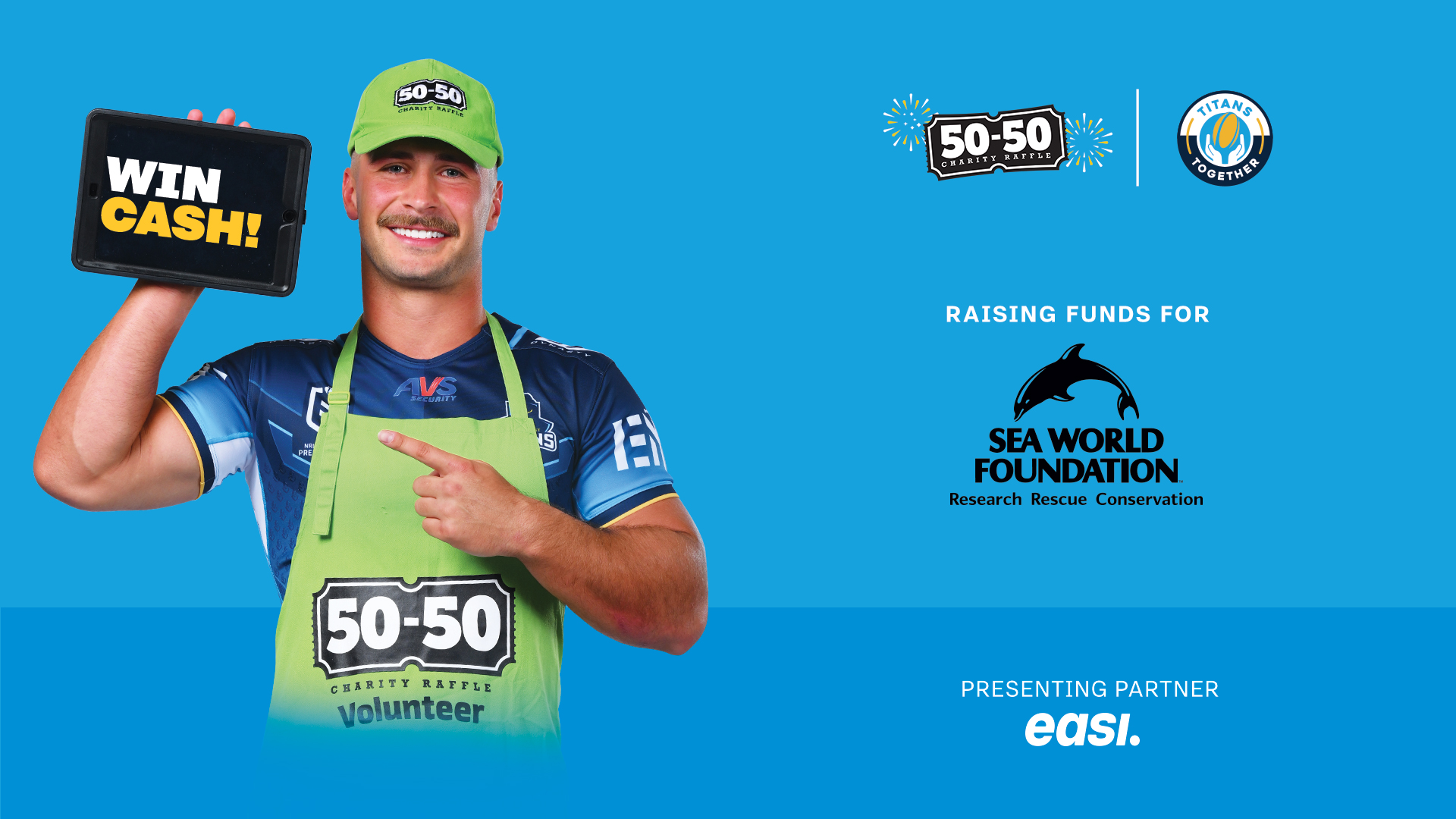 A smiling person in a green cap and apron holds a sign reading “WIN CASH!” beside logos for Sea World Foundation and 50-50 Charity Raffle, with a blue background.
