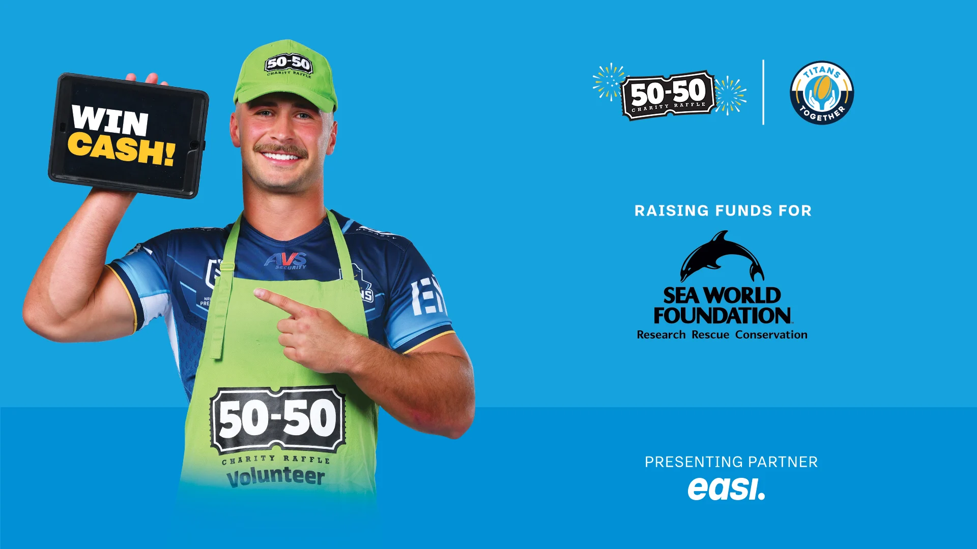 A smiling person in a green cap and apron holds a sign reading “WIN CASH!” beside logos for Sea World Foundation and 50-50 Charity Raffle, with a blue background.