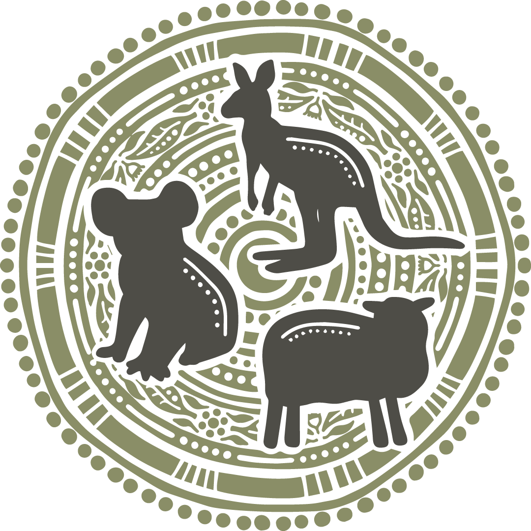 A circular design featuring silhouettes of a koala, kangaroo, and sheep against an ornate patterned background.