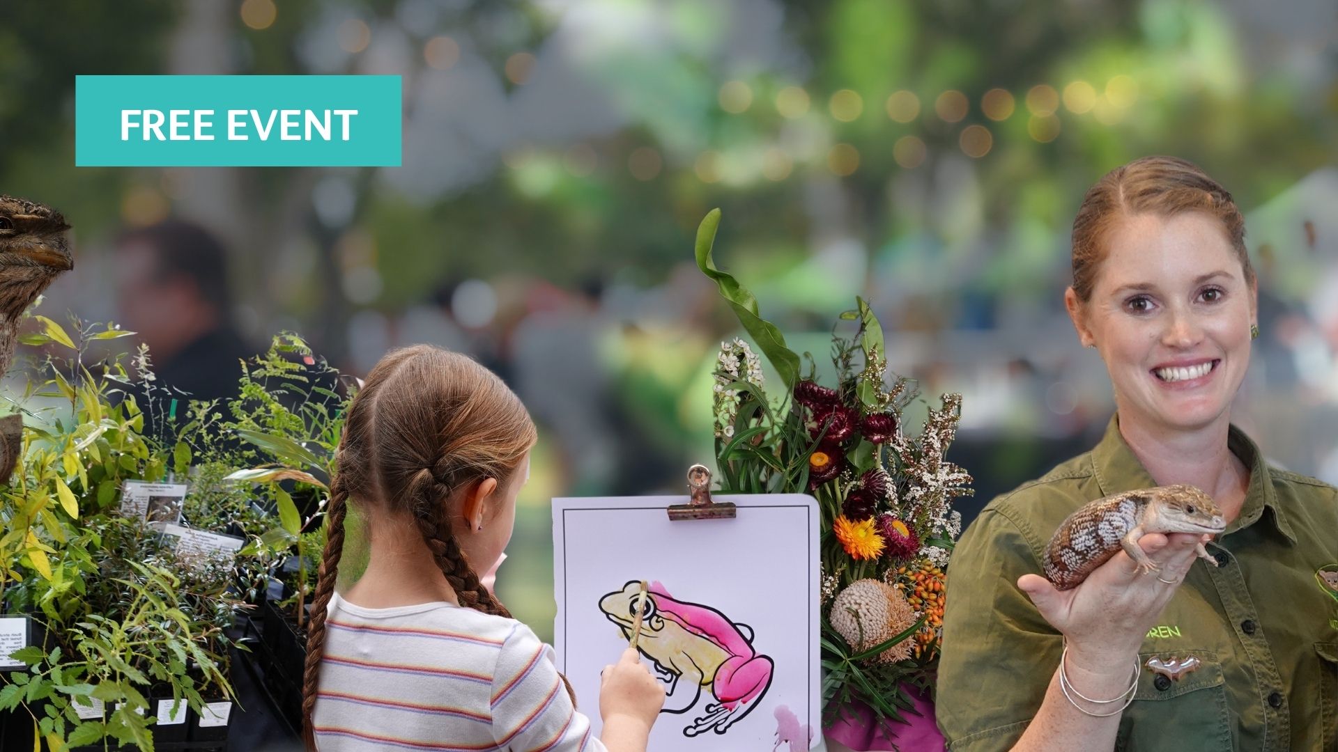 A woman holding a lizard smiles at the camera, while a young girl colors a drawing of a lizard at a table with plants and flowers. A "Free Event" sign appears in the top left corner.