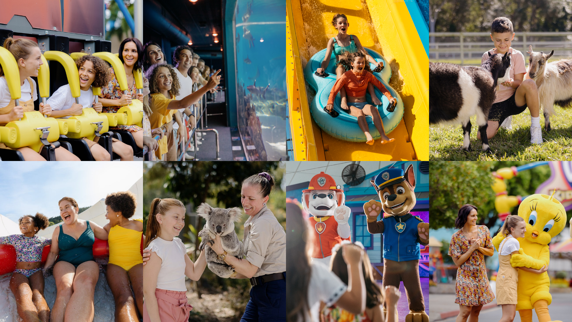 Collage of joyful moments at a theme park: top row includes people on a thrill ride with yellow restraints, families viewing marine life through aquarium glass, two girls sliding down a water ride, and a boy feeding goats. Bottom row features a group of three laughing on a water raft ride, a zookeeper holding a koala next to a smiling girl, kids greeting Paw Patrol characters, and a girl hugging Tweety Bird next to an adult woman.