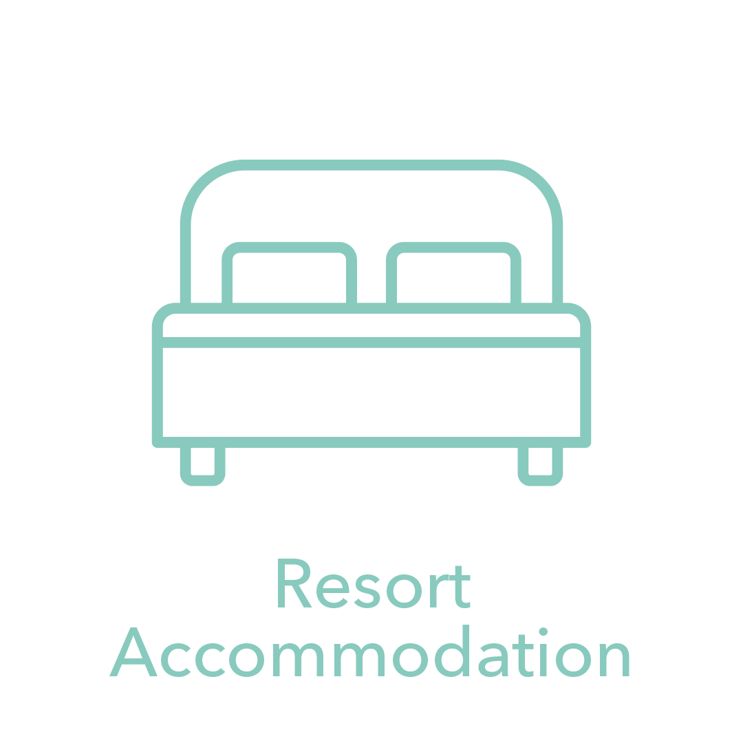 Minimalist line drawing of a bed with two pillows, representing resort accommodation. The image includes the text "Resort Accommodation" below the bed icon.