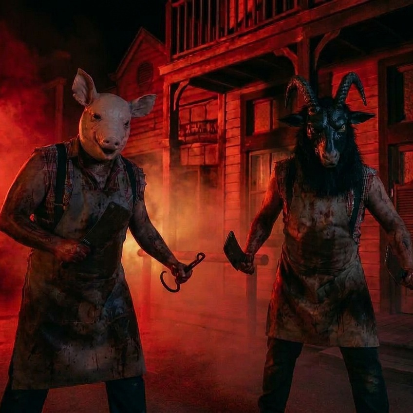 Two people in bloodstained aprons wear pig and goat masks, holding meat cleavers, standing in front of an old wooden building with red smoke and dramatic lighting.