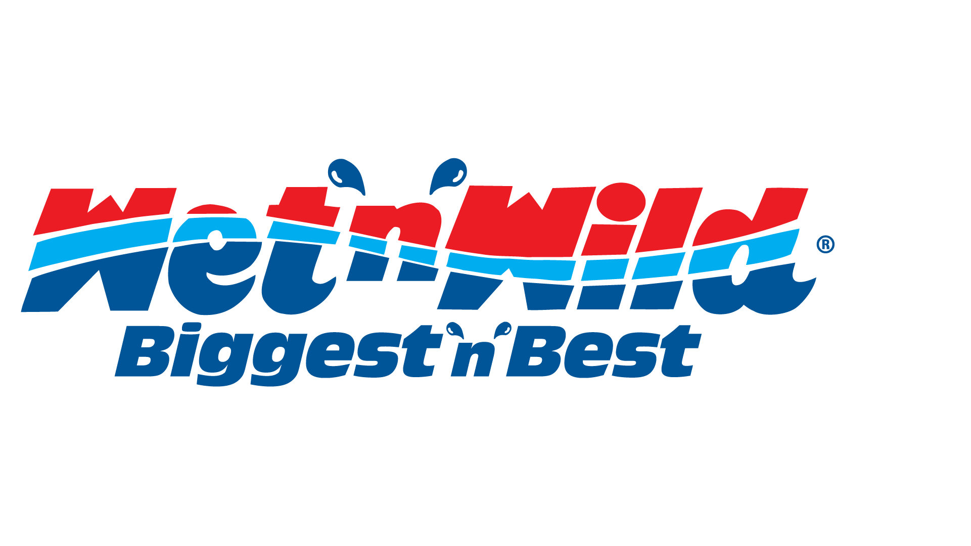Logo for Wet'n'Wild with the tagline "Biggest 'n Best" in bold blue text. The design features stylized water splashes.