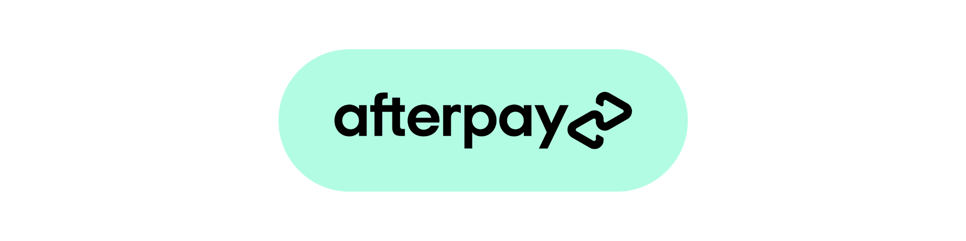A rounded rectangular button with a light green background displays the word "afterpay" in bold black letters, followed by the Afterpay logo, which consists of two interlocking arrows.