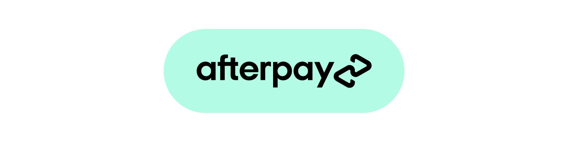 A rounded rectangular button with a light green background displays the word "afterpay" in bold black letters, followed by the Afterpay logo, which consists of two interlocking arrows.