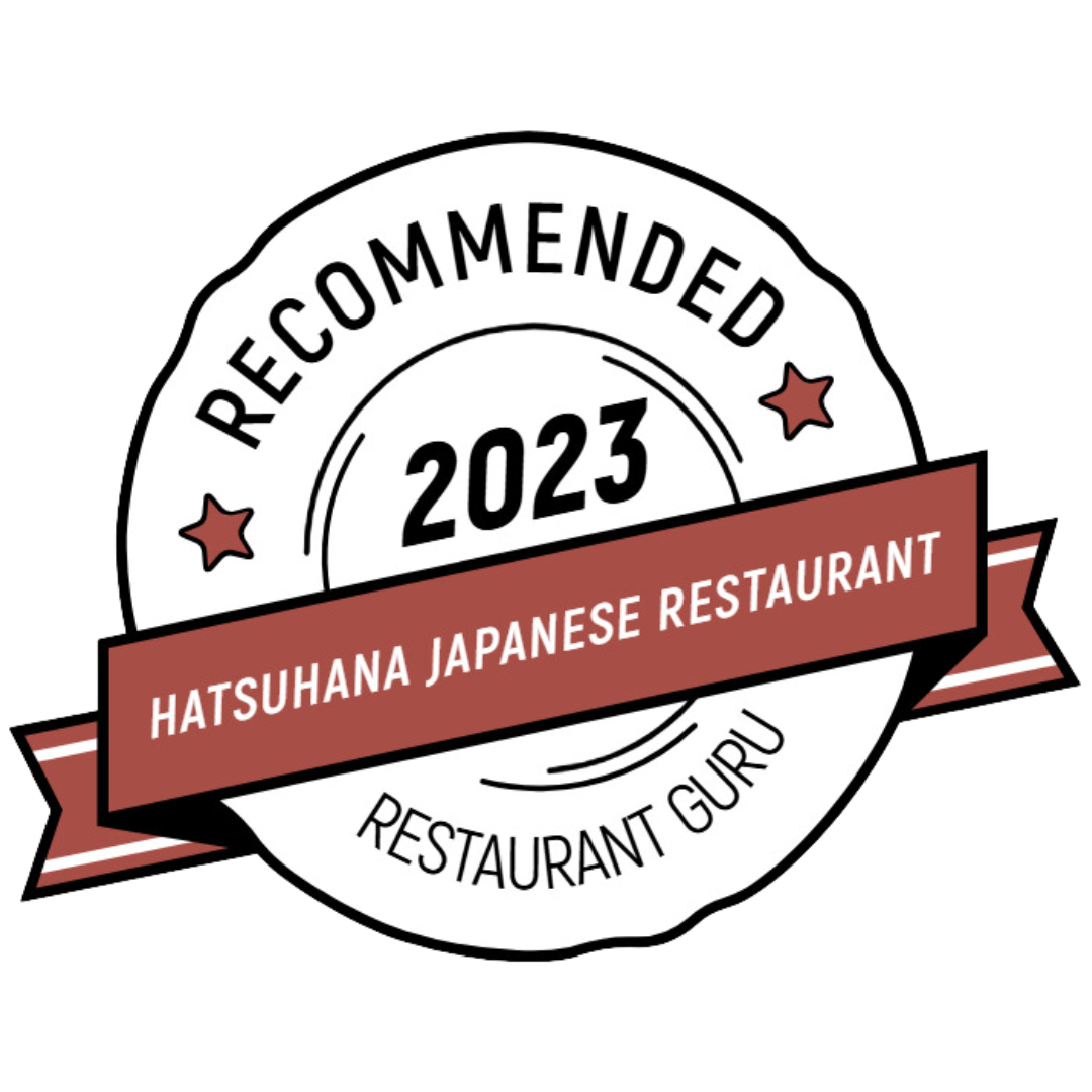 Badge with "Recommended 2023" text, featuring a red ribbon stating "Hatsuhana Japanese Restaurant" and "Restaurant Guru" at the bottom.