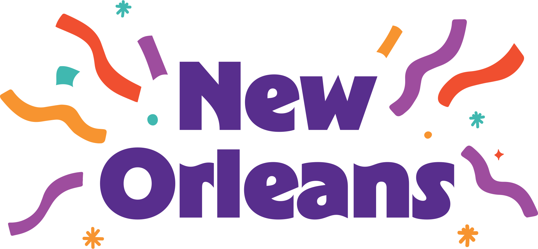 The words "New Orleans" in bold purple letters with colorful confetti, streamers, and stars surrounding the text, creating a festive and celebratory vibe.
