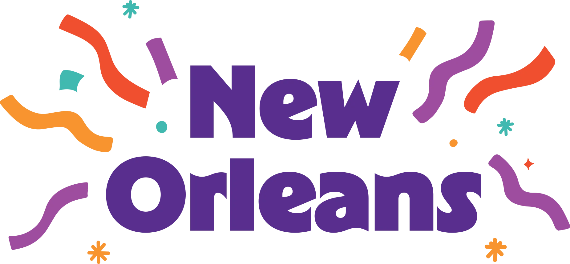The words "New Orleans" in bold purple letters with colorful confetti, streamers, and stars surrounding the text, creating a festive and celebratory vibe.