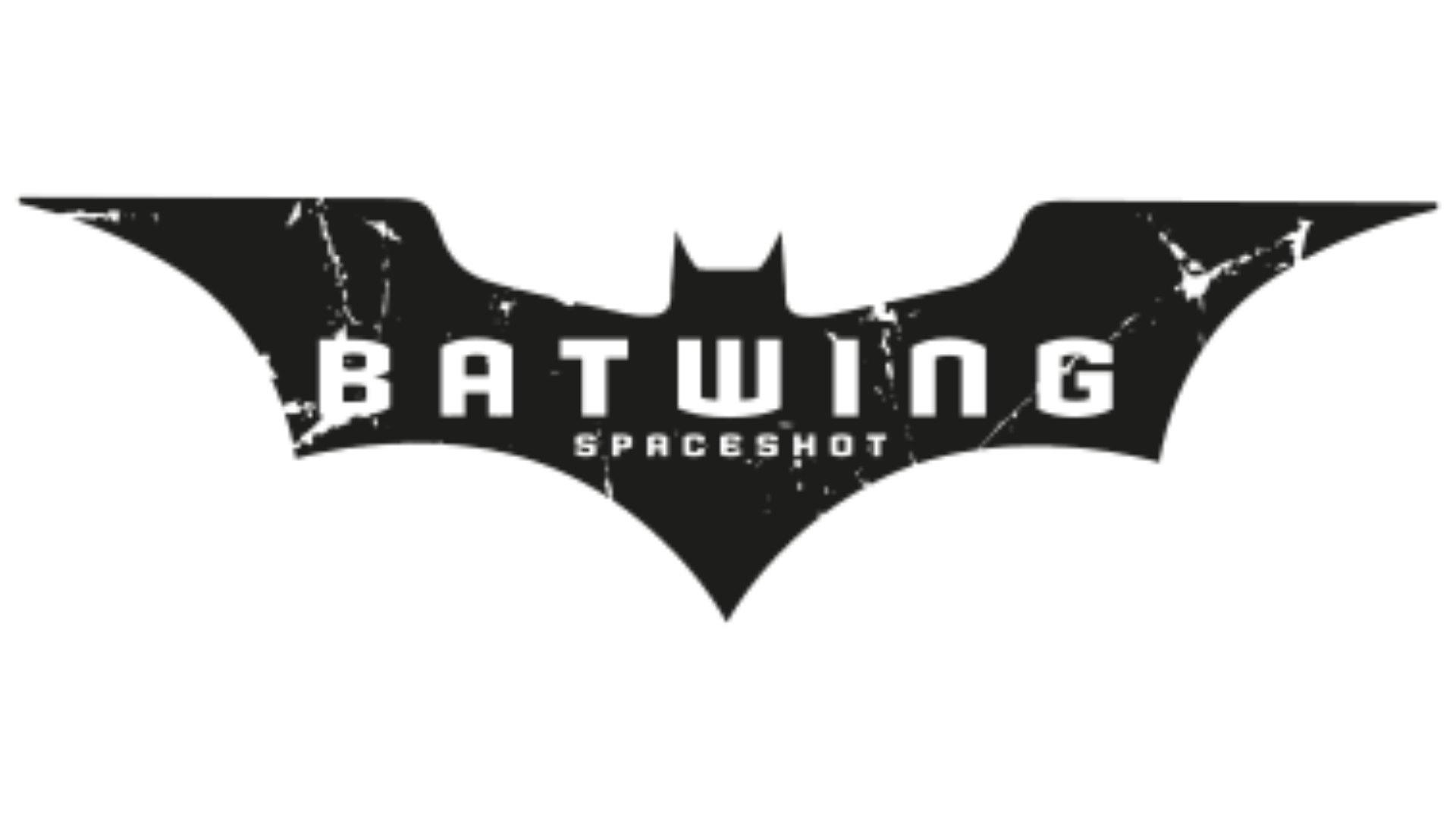 A black bat-shaped logo with the words "BATWING SPACESHOT" written in white, cracked, bold letters across the wings, set against a white background.
