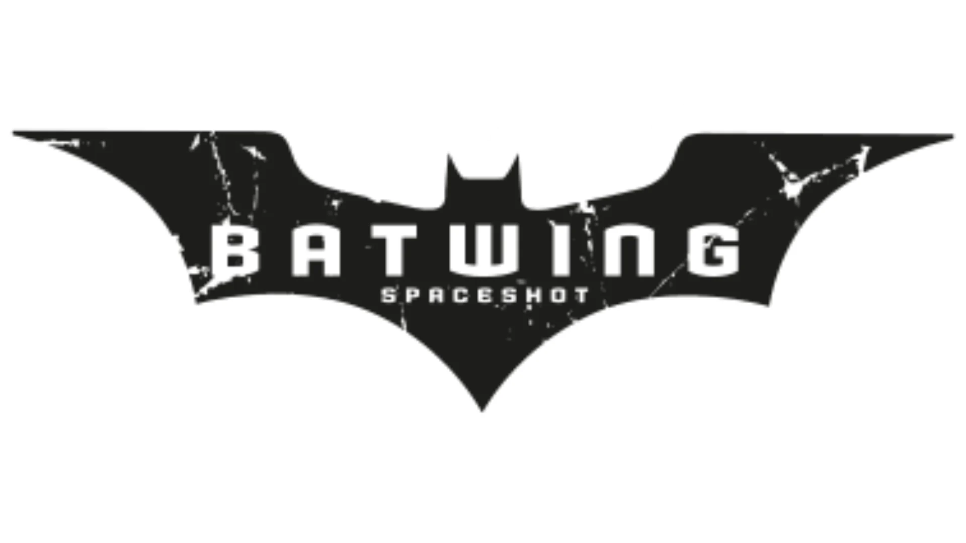 A black bat-shaped logo with the words "BATWING SPACESHOT" written in white, cracked, bold letters across the wings, set against a white background.