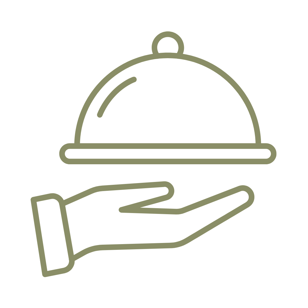 Green outline icon of a hand holding a platter.