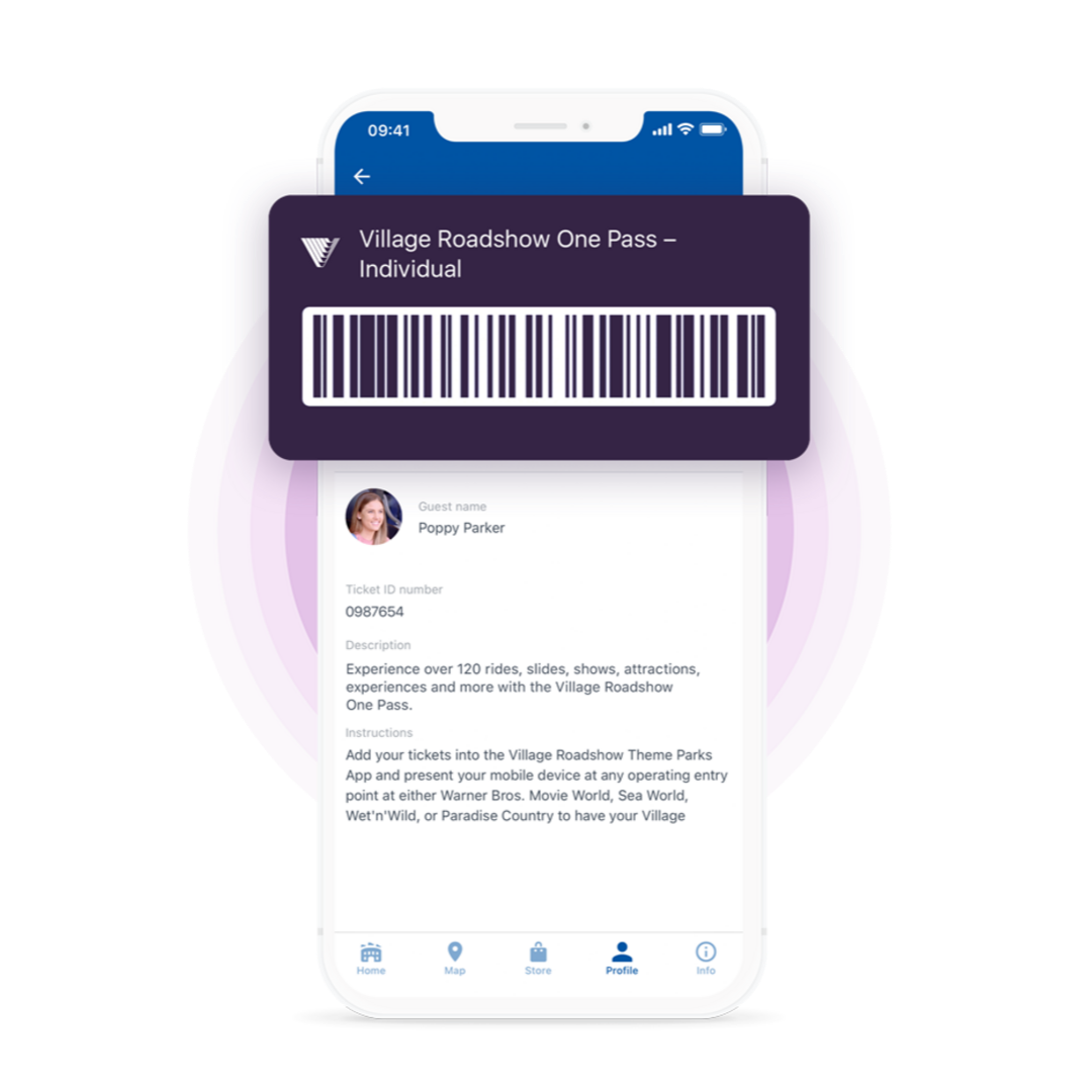 A smartphone screen displays a digital membership card with a barcode labeled "Village Roadshow One Pass – Individual" above a user profile and account details.