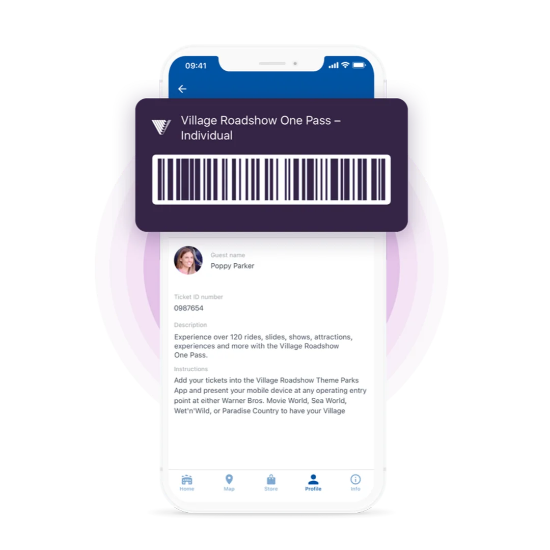 A smartphone screen displays a digital membership card with a barcode labeled "Village Roadshow One Pass – Individual" above a user profile and account details.