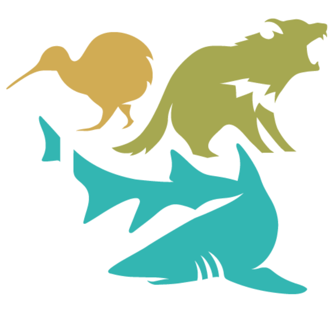 Zoo and Aquarium Association Australasia logo with silhouettes of a kiwi bird, a mammal, and a shark above the association’s name in bold black text on a white background.