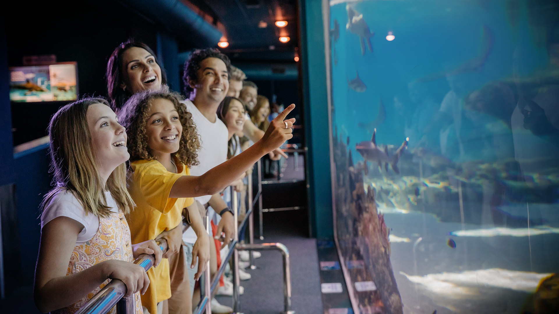 A diverse group of smiling children and adults stand by a large aquarium tank, marveling at fish and marine life. One child excitedly points toward the glass. Blue water and sea creatures fill the tank.