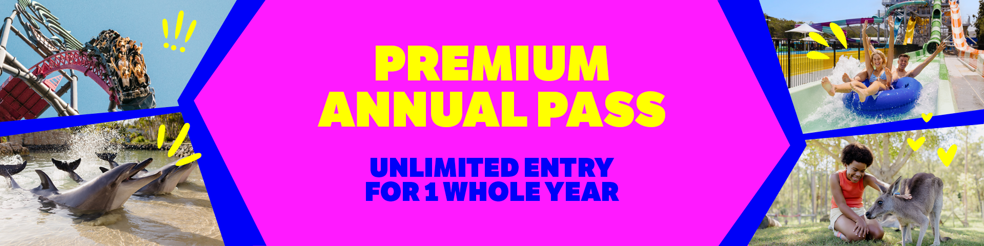 Bright banner advertising a "Premium Annual Pass" with unlimited entry for one year, featuring images of roller coasters, dolphins, water rides, and a child petting a goat.