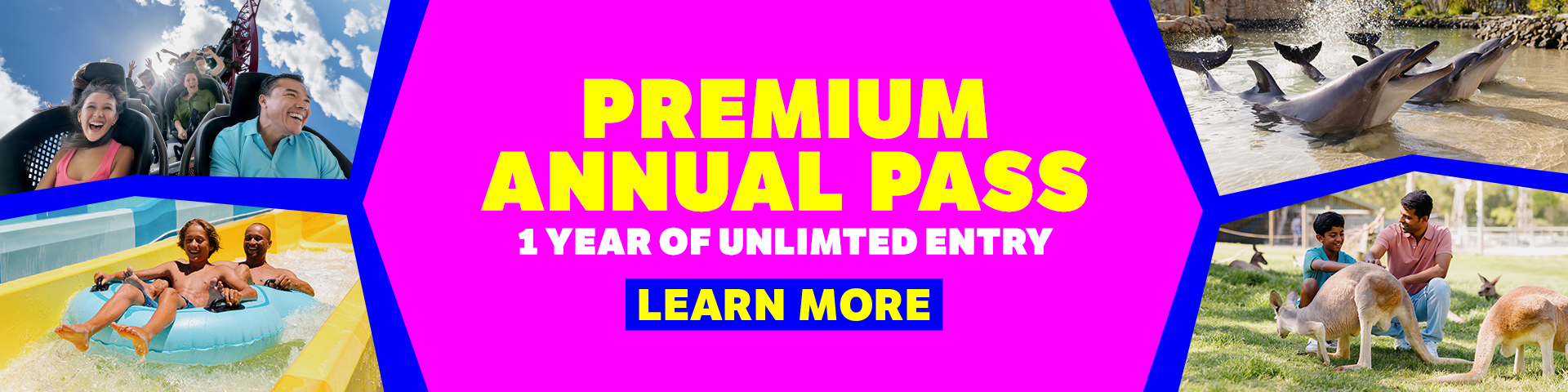 Bright banner advertising a "Premium Annual Pass" with unlimited entry for one year, featuring images of roller coasters, dolphins, water rides, and a child petting a goat.