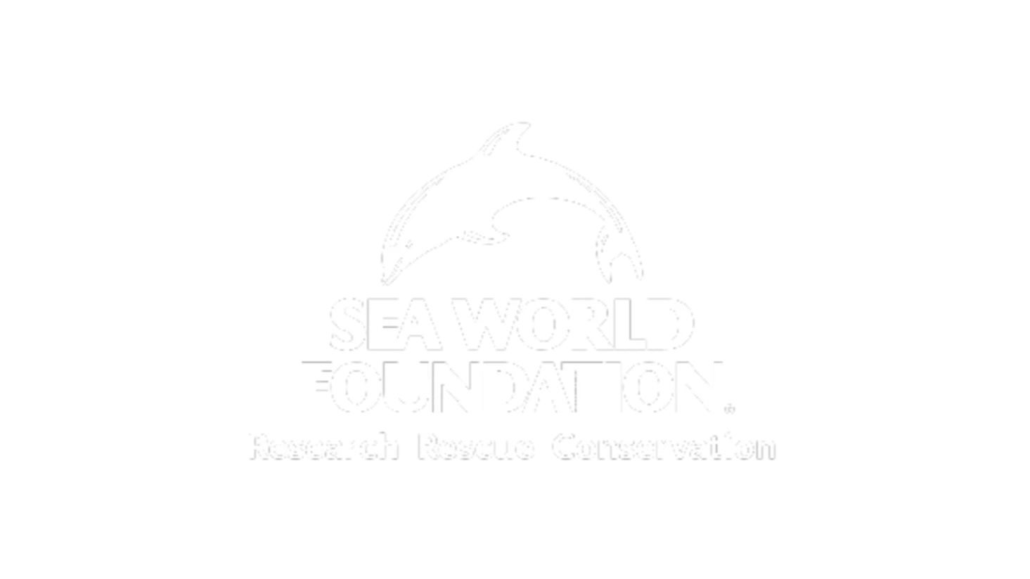 White Sea World Foundation logo on a black background, featuring a dolphin silhouette above the text "SEA WORLD FOUNDATION" and the words "Research Rescue Conservation" below.