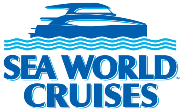 Logo for Sea World Cruises featuring a blue stylized boat above wavy lines and bold text reading "Sea World Cruises" in blue uppercase letters.