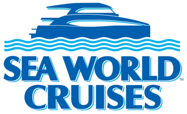 Logo for Sea World Cruises featuring a blue stylized boat above wavy lines and bold text reading "Sea World Cruises" in blue uppercase letters.