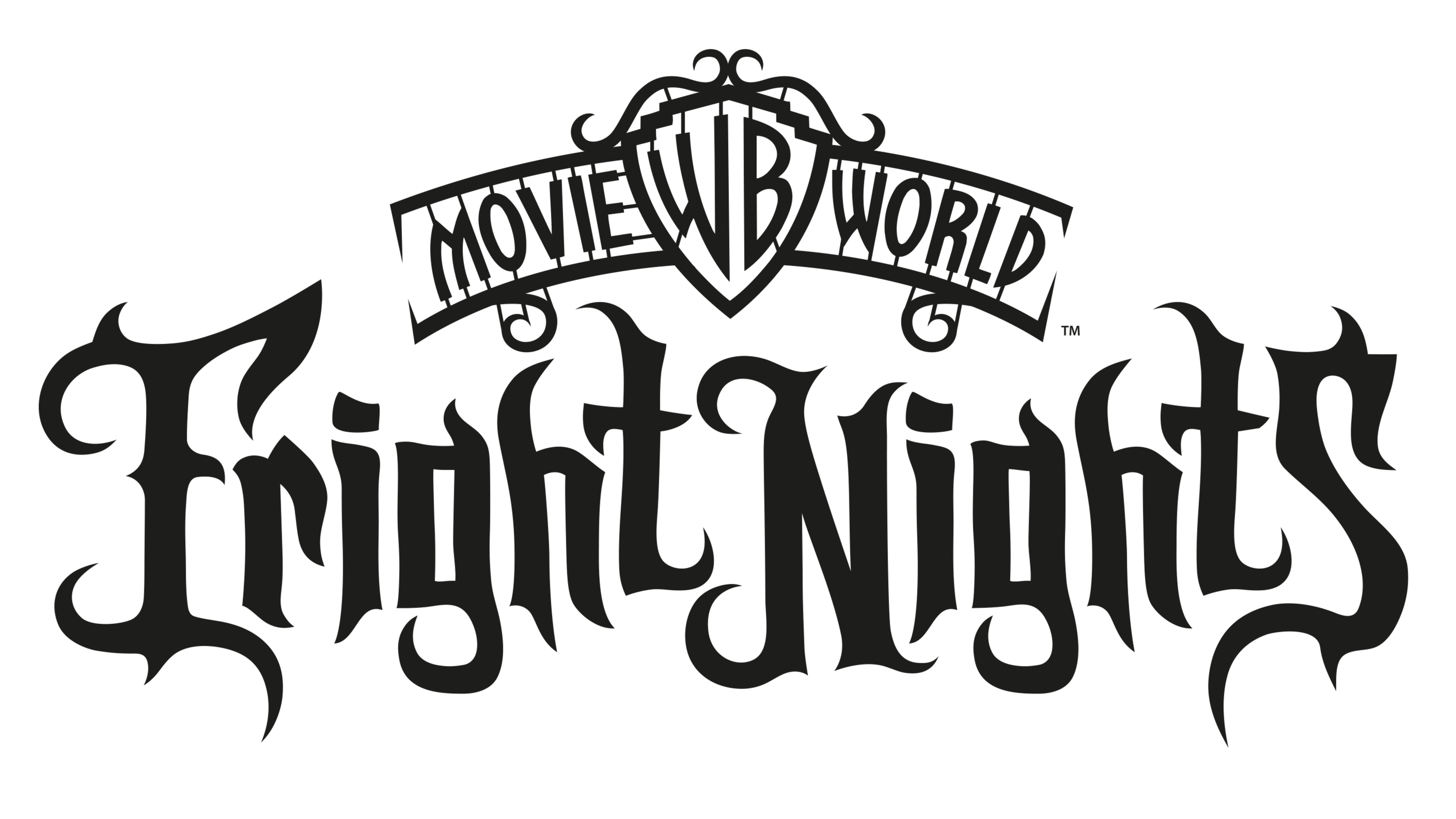 Logo for Movie World Fright Nights with stylized text in black and gothic font.