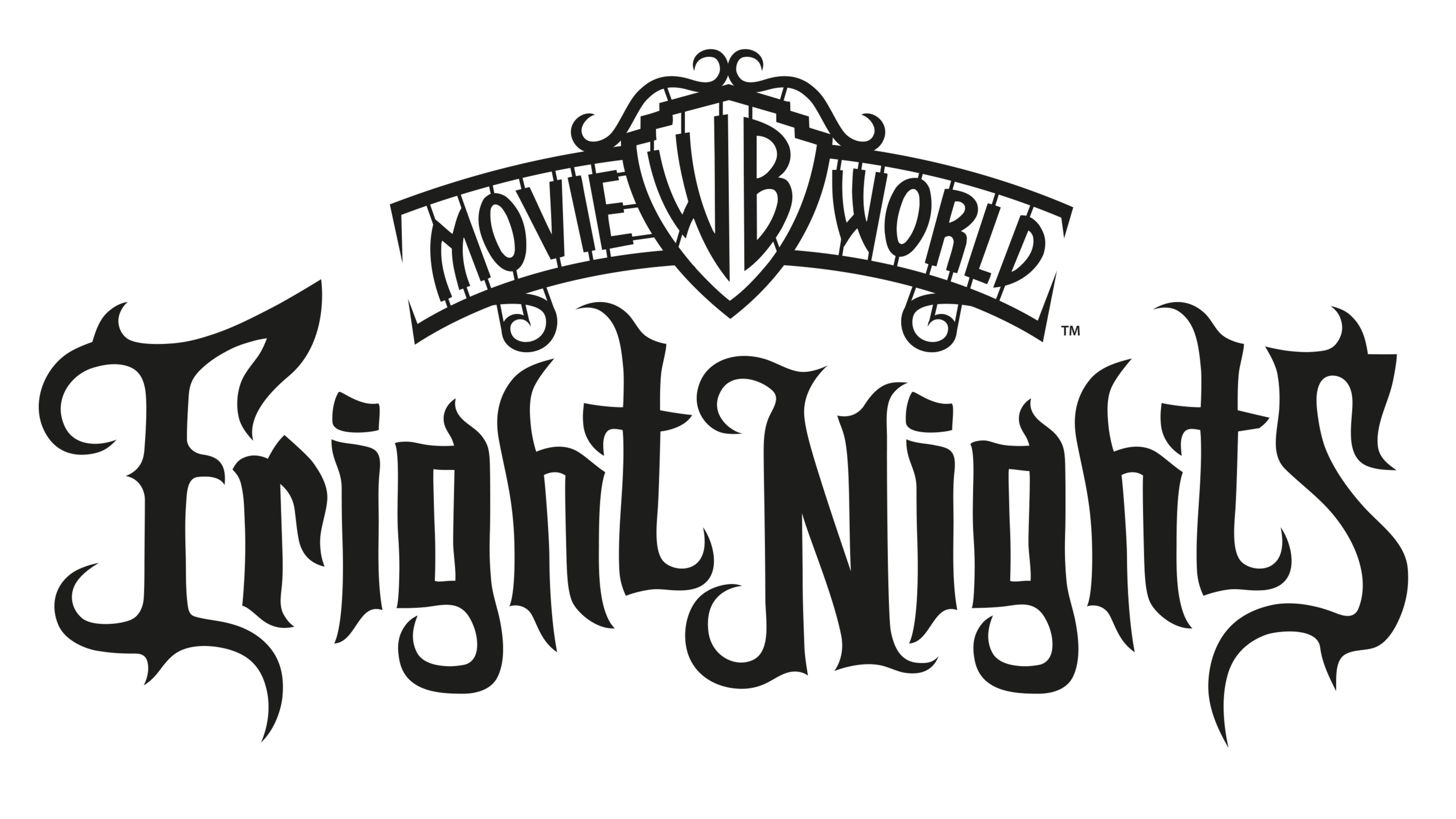 Logo for Movie World Fright Nights with stylized text in black and gothic font.