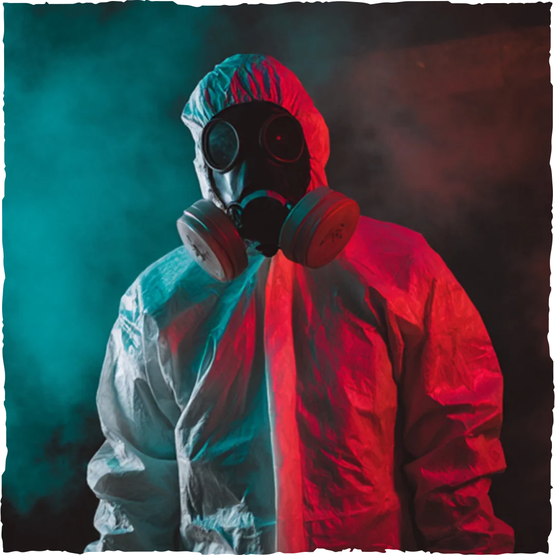 Person wearing a white hazmat suit and a gas mask stands in front of a smoky background with red and teal lighting.