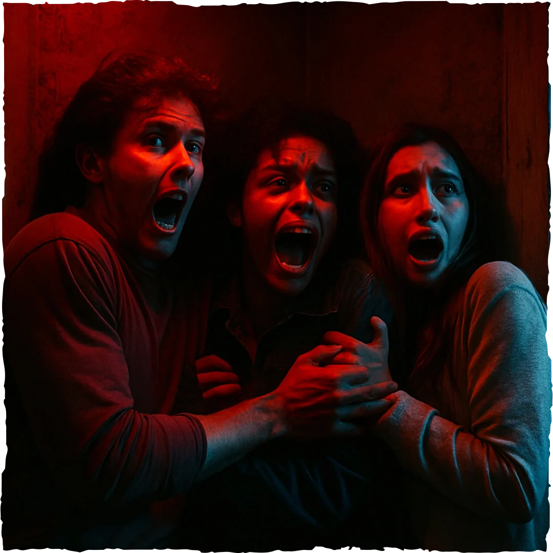 Three people huddle together in fear, eyes wide and mouths open as they scream. Dramatic red and blue lighting highlights their anxious expressions in a dark, confined space.