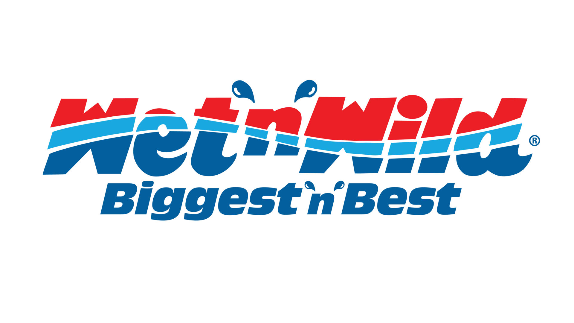 Logo for Wet'n'Wild water park, featuring bold red and blue text with wave and water splash elements, and the slogan "Biggest n' Best" underneath.