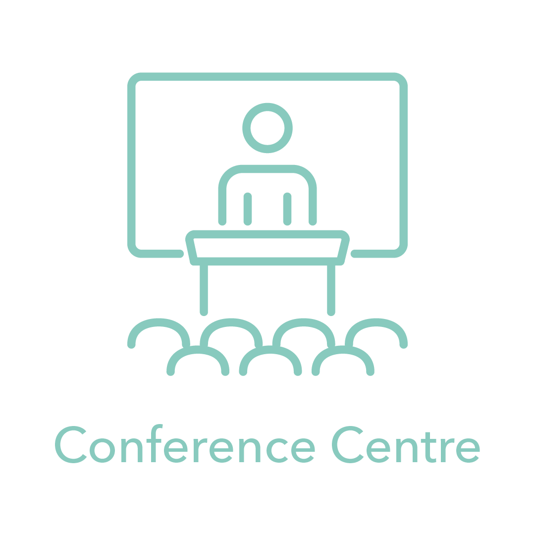 A simple line drawing of a person standing at a podium in front of an audience, with the words "Conference Centre" below the image.