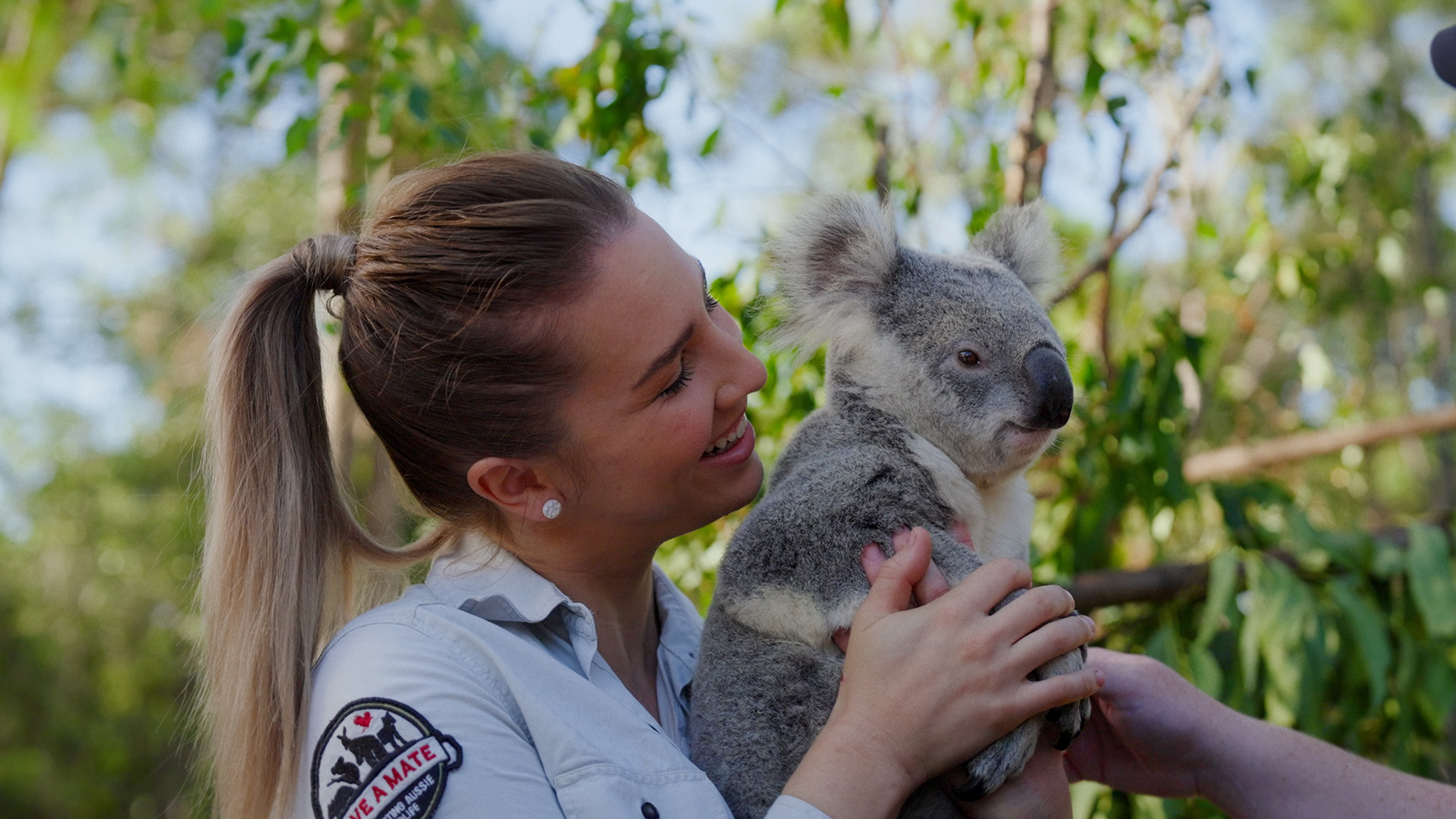 A woman wearing a light shirt with a patch smiles while holding a koala; trees and greenery are visible in the background.